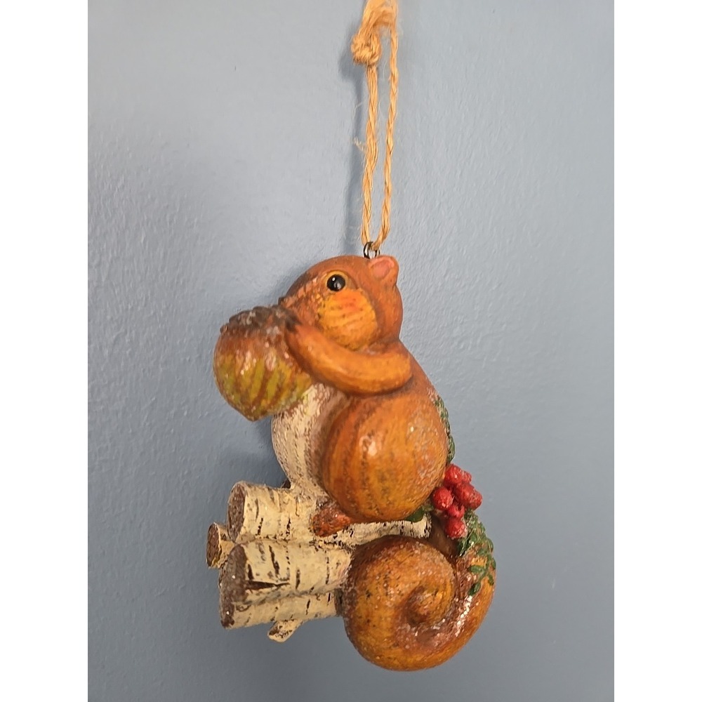 Carved Wood Squirrel with Acorn Christmas Ornament